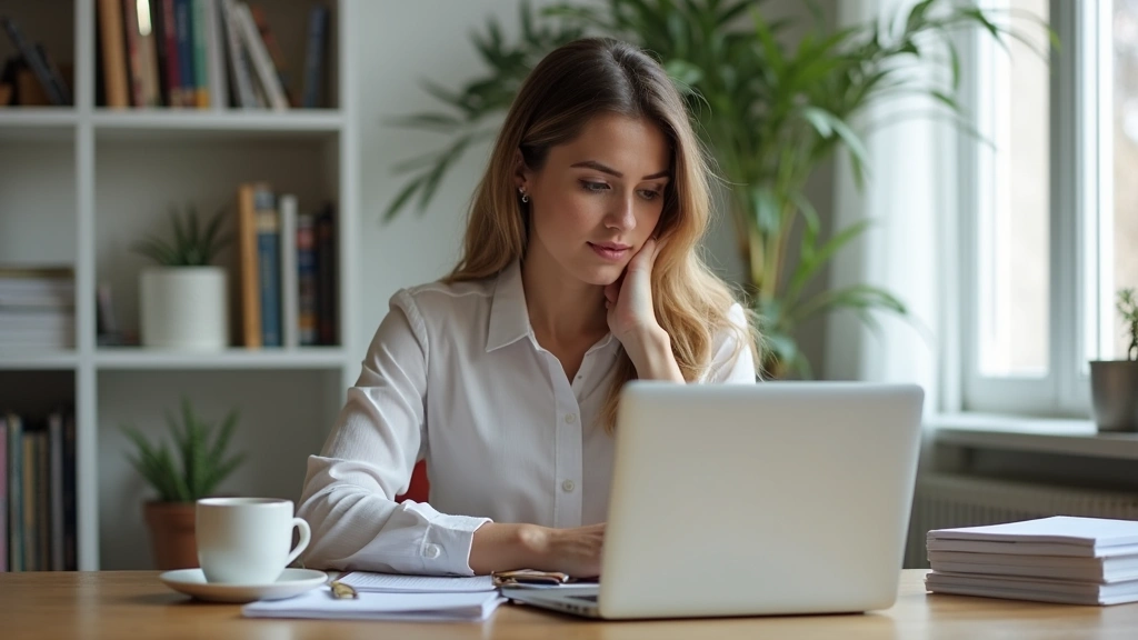 Professional woman studying at laptop in home office with textbooks and coffee, concentrated expression, natural lighting, modern workspace setup