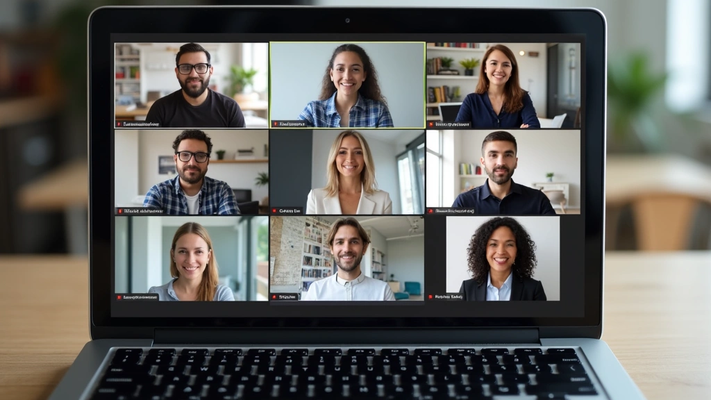 Diverse group of online students in virtual classroom grid on laptop screen, each in home office settings, engaged and profes