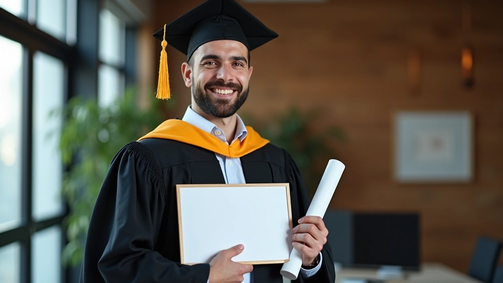 Male graduate in doctoral regalia holding diploma certificate in professional office environment, confident expression, achie