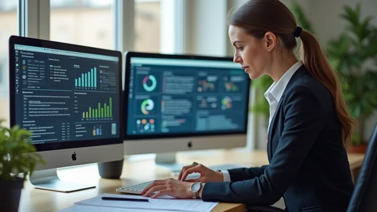 Professional woman in business attire studying at modern home office with multiple monitors displaying research data and academic materials, natural lighting, focused expression, contemporary workspace setup