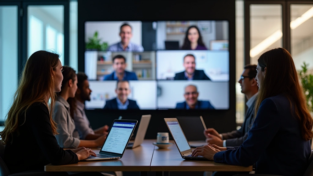 Diverse group of business professionals in a virtual online classroom environment, video conference meeting on large screen,