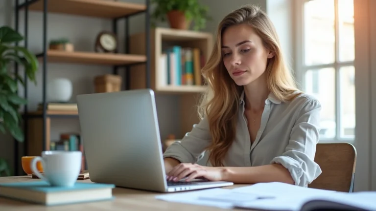 Professional woman studying at home with laptop and research materials, natural lighting, focused expression, modern home office setup with books and coffee