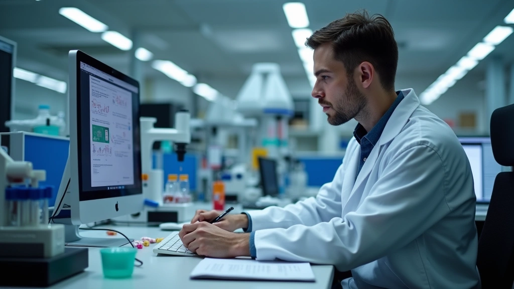 Male researcher in laboratory setting analyzing data on computer with research notes, pharmaceutical or scientific equipment