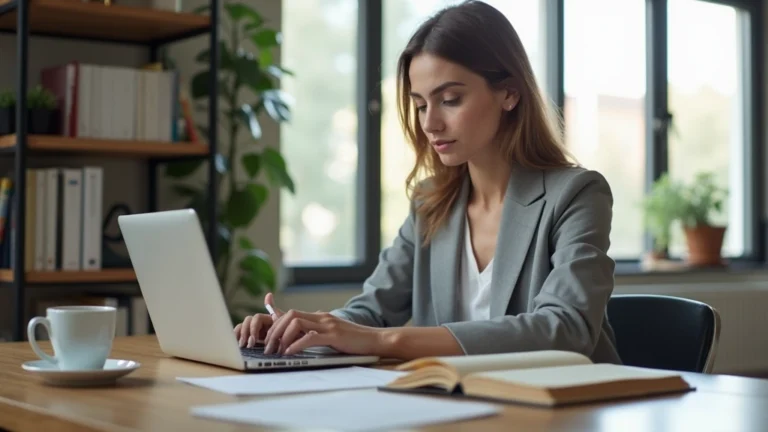 Professional woman in business attire studying on laptop in modern home office with books and coffee, focused on computer screen, natural daylight from window
