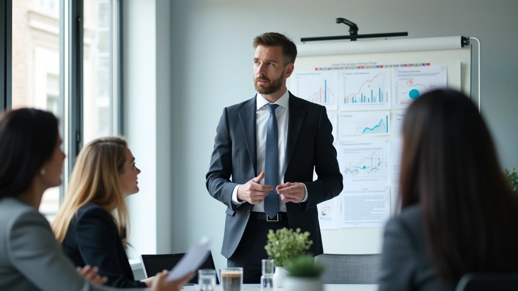 Male executive in suit presenting business research findings to colleagues in conference room, whiteboard with business analy