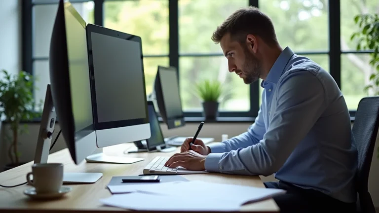 Professional business executive studying at modern home office with multiple monitors, papers, and coffee cup on desk, natural window lighting, focused concentration