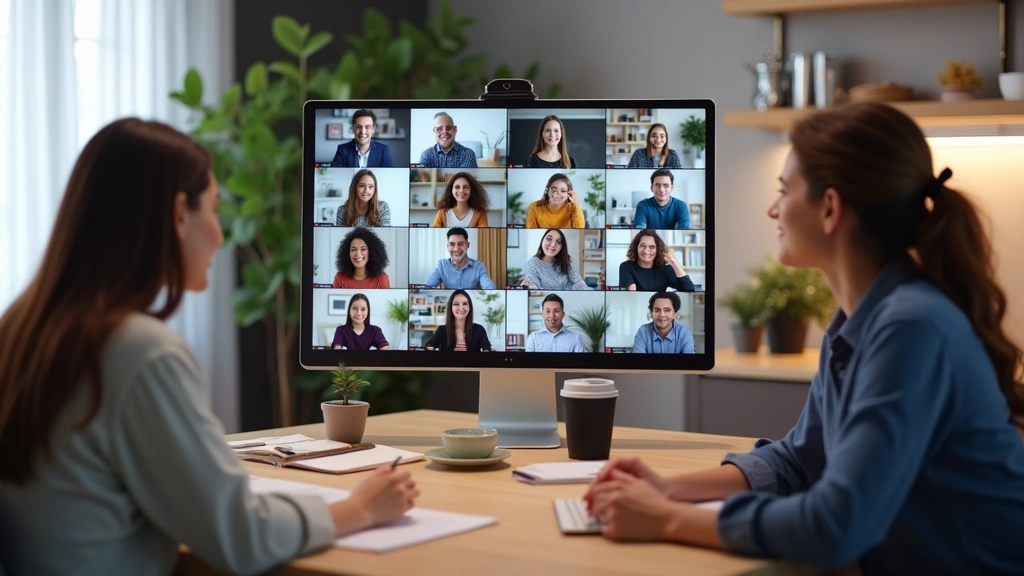 Diverse group of graduate students in virtual classroom meeting, professional video conference setup, modern home office back