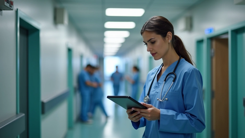 Female healthcare executive in hospital corridor reviewing digital tablet with staff, professional medical environment, moder