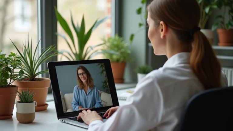 Professional female psychologist conducting video therapy session on laptop with patient, modern office setting with plants, warm lighting, focused clinical atmosphere