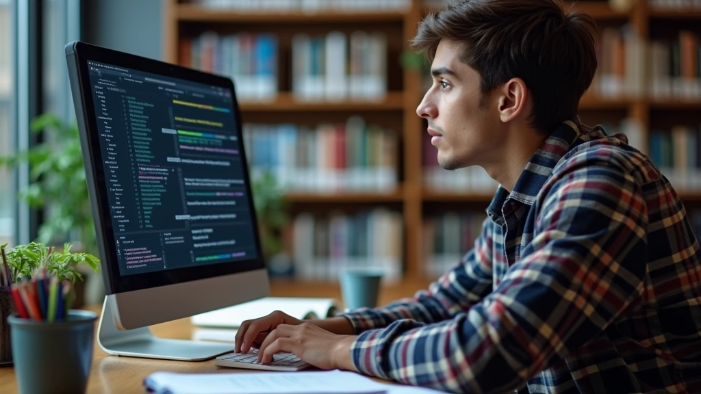 Graduate student in clinical psychology studying research data on computer screen, university library setting, open textbooks