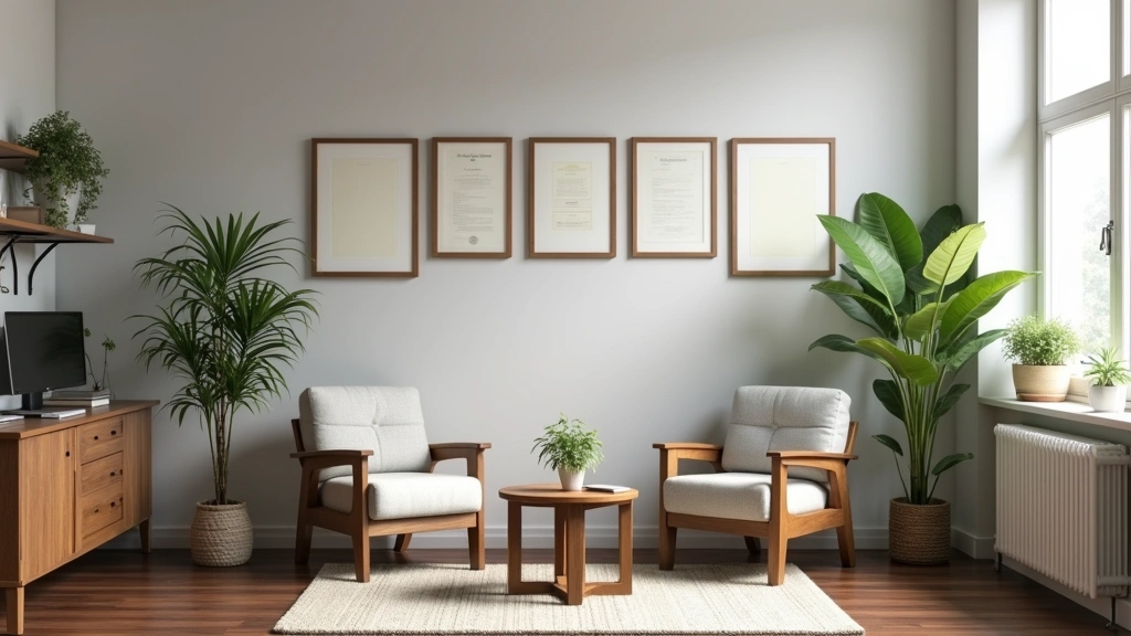 Licensed clinical psychologist in private practice office with comfortable seating, diplomas on wall, professional yet welcom