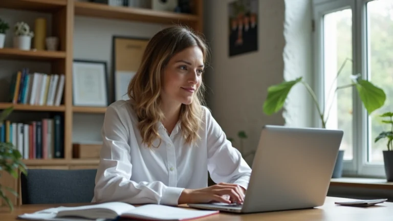 Professional educator working on laptop in home office with books and degree certificates on wall, natural lighting, focused expression, modern home study space
