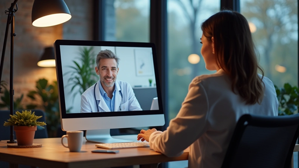 Professional psychologist in modern office setting conducting online video consultation with patient on computer screen, warm lighting, clinical environment