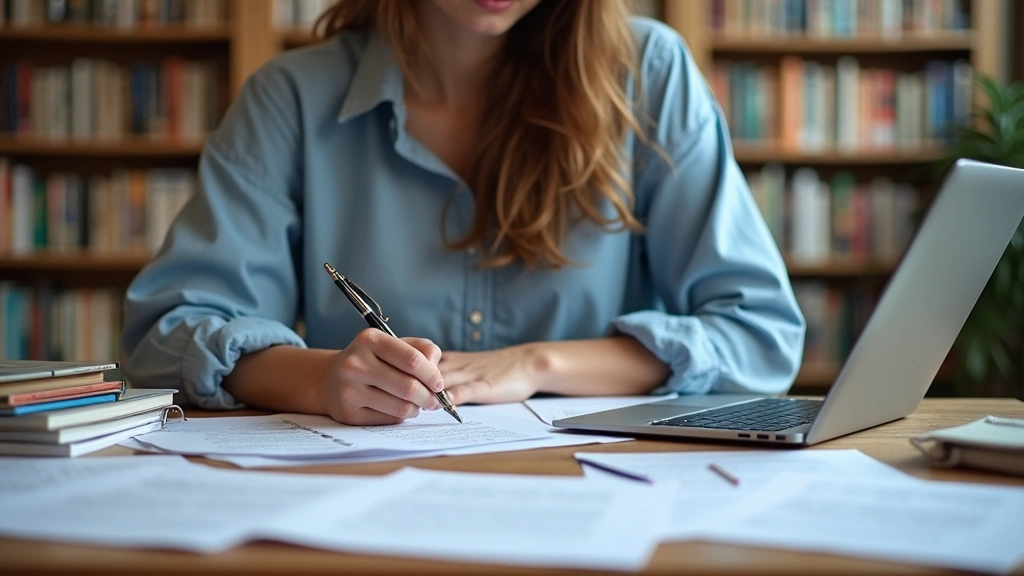 Graduate student at desk surrounded by psychology research papers and dissertation materials, focused studying with laptop, a