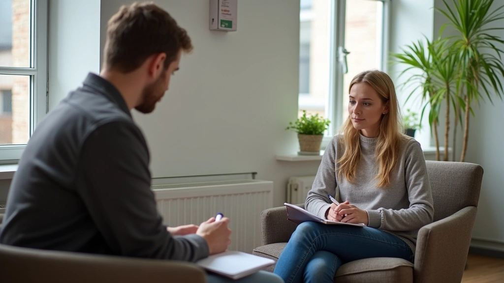 Clinical psychology doctoral candidate in supervised practice session with patient in therapy office, professional therapeuti