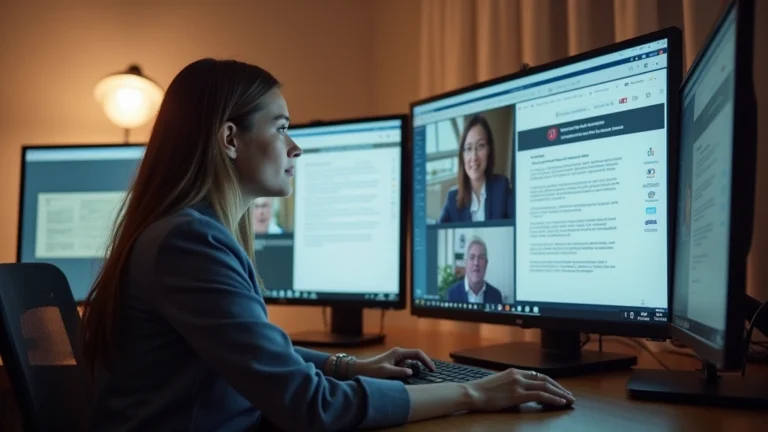 Professional woman in home office at computer desk attending virtual doctoral seminar with multiple screens showing academic materials and research documents
