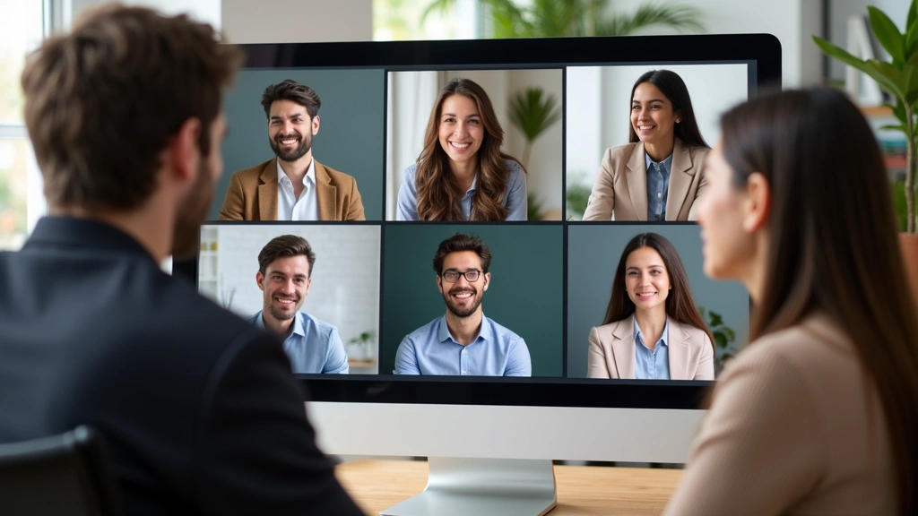 Diverse group of graduate students in virtual video conference call discussing dissertation research with professor, modern h
