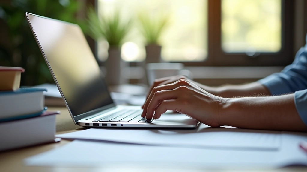 Close-up of hands typing dissertation on laptop with research papers and textbooks scattered on desk, natural daylight from w