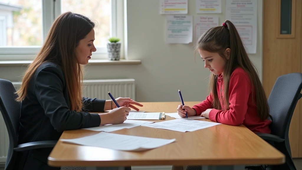 School psychologist conducting assessment with elementary student in modern school office, both seated at desk with assessmen