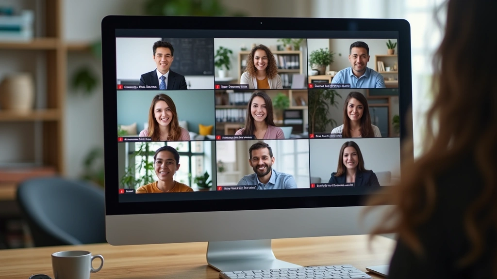 Online classroom interface on computer screen showing video conference with diverse graduate students and professor, professi