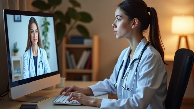 Professional female doctor in white coat conducting video consultation on computer screen, modern home office background, patient visible on screen, warm lighting