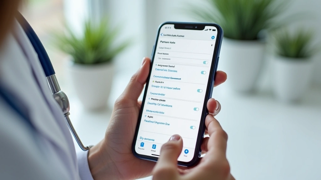 Hands holding smartphone displaying patient portal with doctors note document, digital health records interface, clean minima