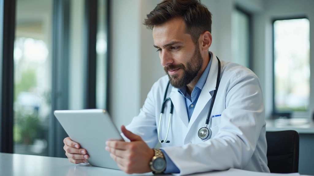 Male physician at desk reviewing patient file on tablet computer, official medical documentation visible, professional medica