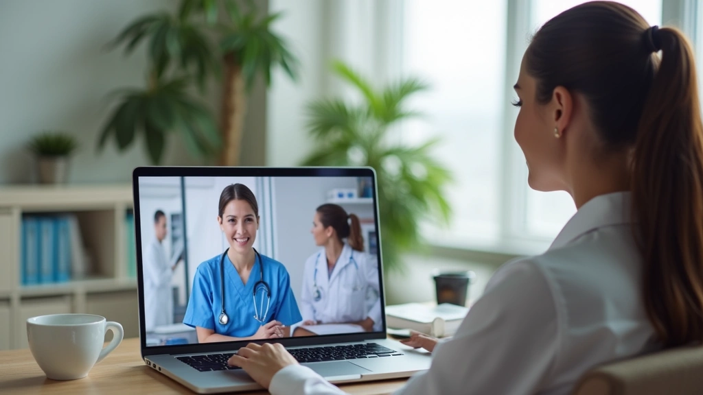 Professional woman in home office during video consultation with doctor on laptop screen, bright natural lighting, medical setting visible on screen