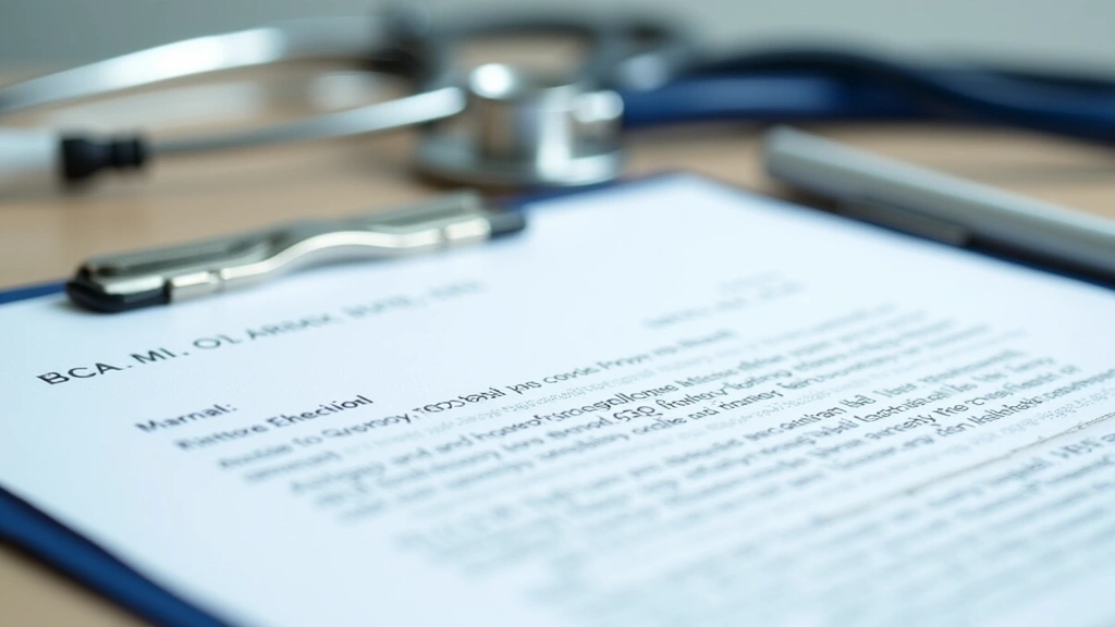 Close-up of printed doctors note on desk with stethoscope nearby, official medical letterhead visible, professional office ba