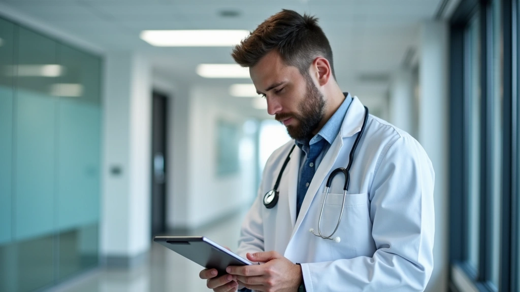 Male healthcare provider in white coat reviewing patient information on tablet during virtual consultation, modern clinic bac