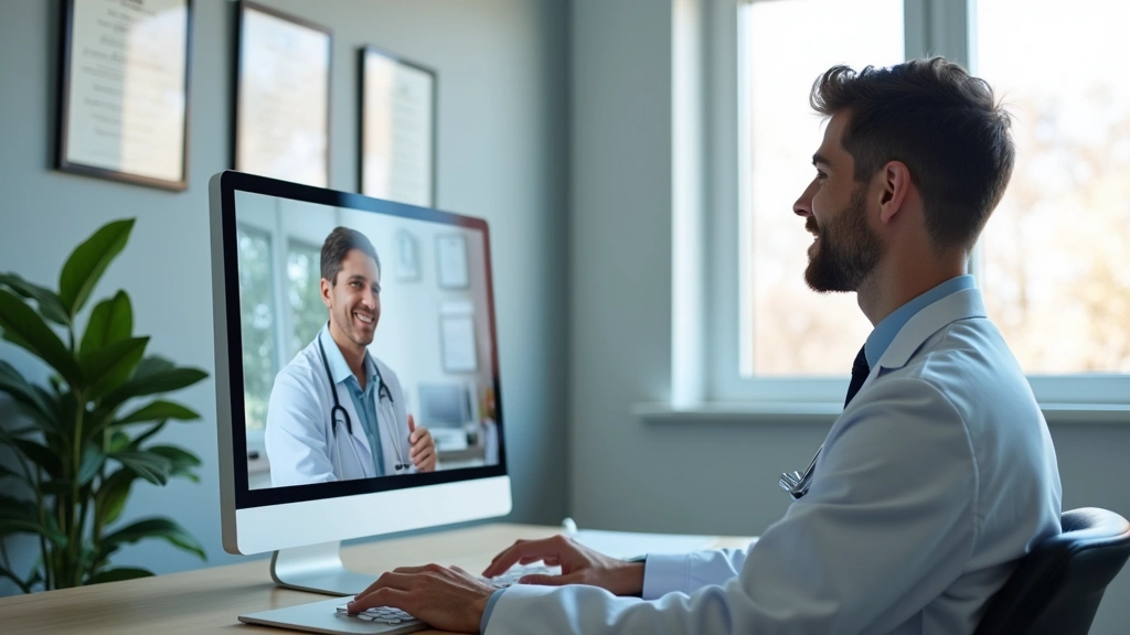 Professional doctor in white coat during video consultation on computer screen, patient visible on monitor, modern medical office with diplomas and certificates on wall, natural lighting from window