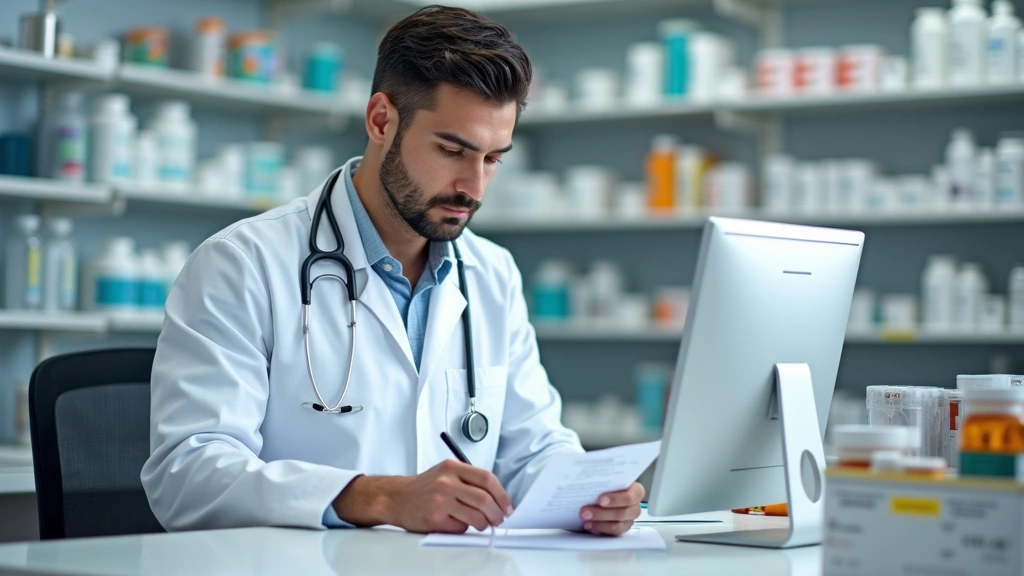 Pharmacist in white coat filling prescription at pharmacy counter, medication bottles and computer system visible, profession