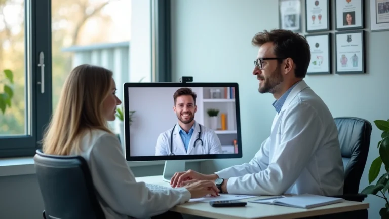 Professional psychiatrist in modern medical office conducting video consultation on computer with patient visible on screen, clinical setting with medical credentials on wall, natural lighting