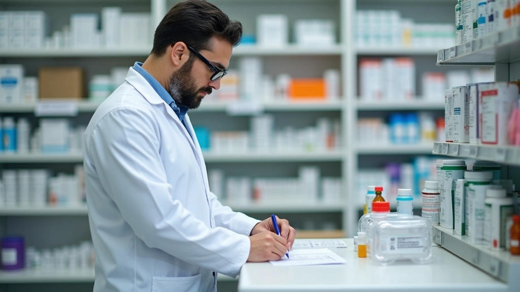 Licensed pharmacist filling prescription at pharmacy counter, organized medication shelves in background, professional health