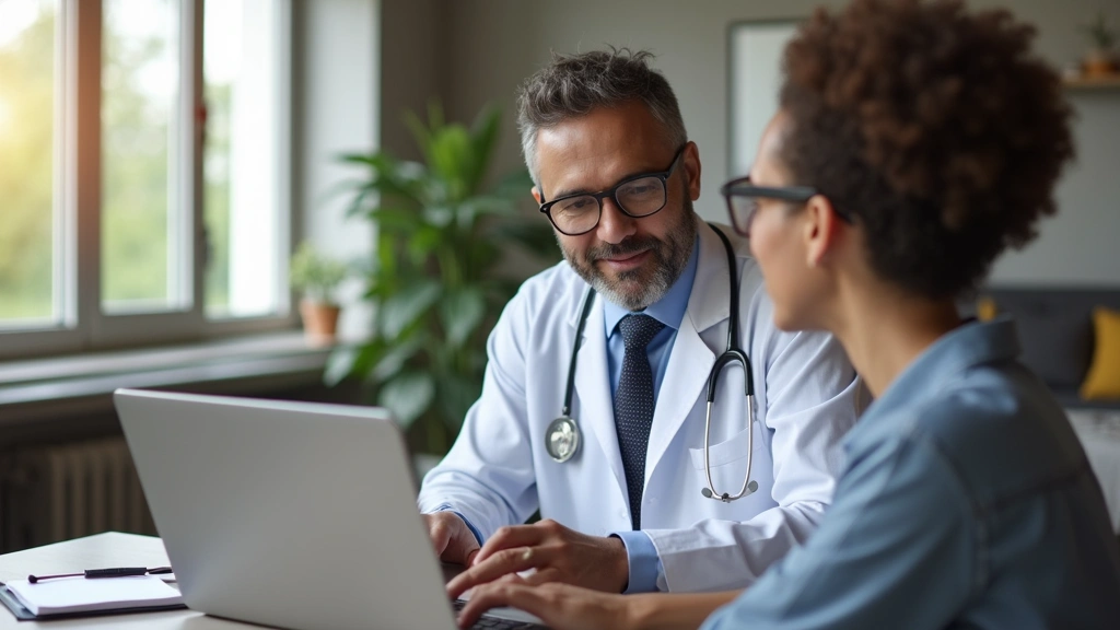 Diverse patient in home office setting having secure video consultation with doctor on laptop, comfortable professional backg