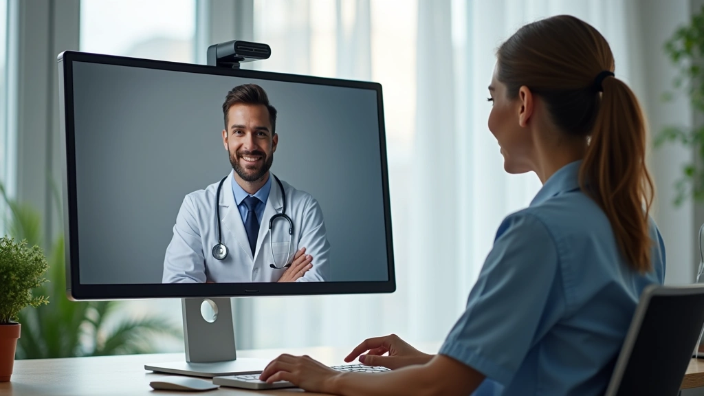 Female patient during video consultation with male doctor on computer screen in modern home office, professional medical setting, natural lighting