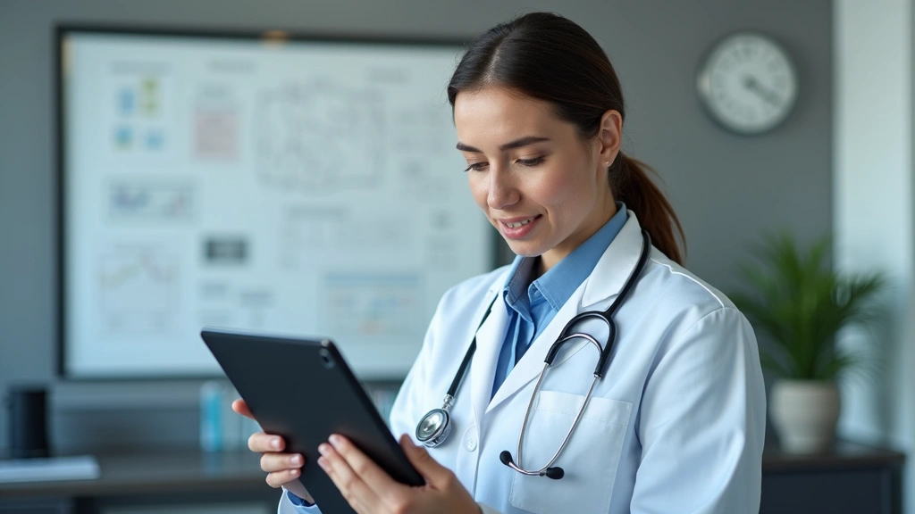 Licensed physician reviewing patient medical records on tablet in telehealth clinic, professional healthcare environment, foc