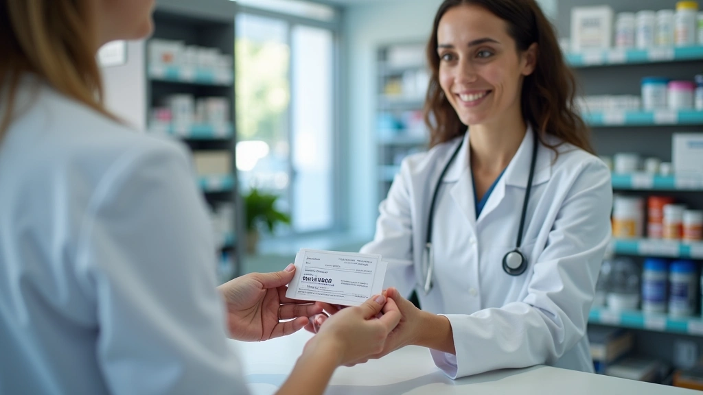 Patient receiving phentermine prescription from pharmacist at pharmacy counter, professional medical setting, daytime lightin