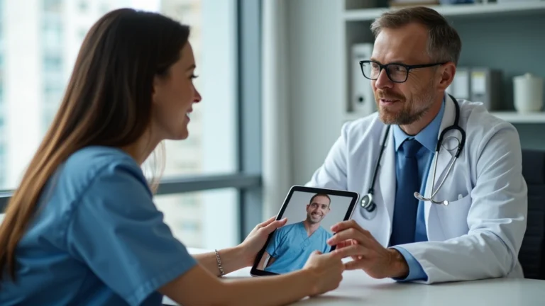 Professional telehealth doctor consultation with patient on video call, modern medical office background, physician reviewing health records on tablet