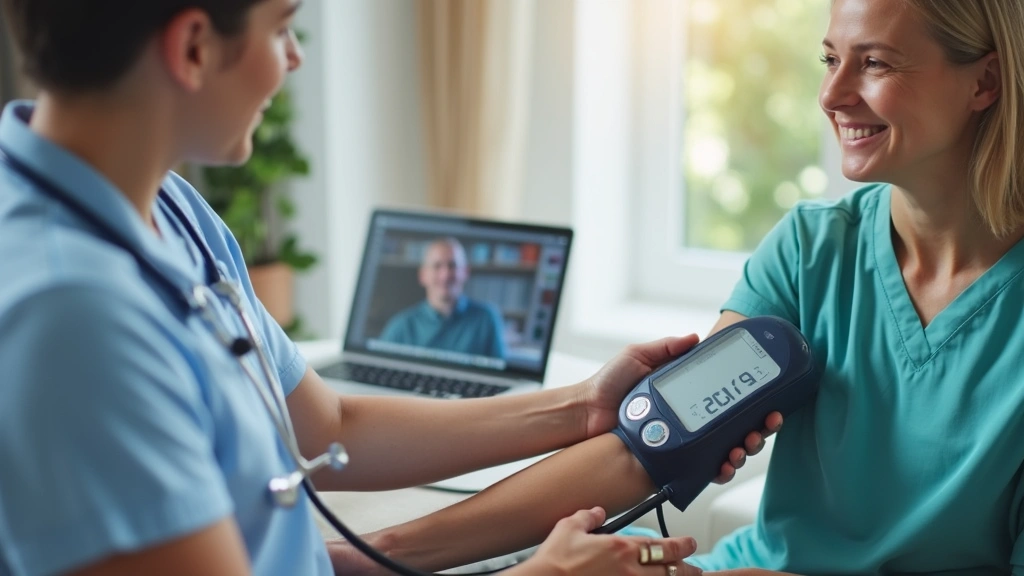 Patient measuring blood pressure at home during virtual medical appointment, healthcare monitoring setup, professional clinic