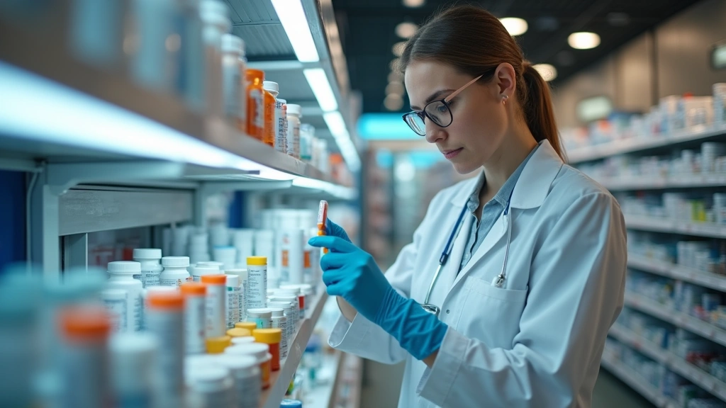 Pharmacist preparing prescription medication in modern pharmacy, organized medication shelves, professional healthcare enviro