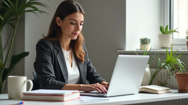 Professional woman working on laptop at home desk with education textbooks and coffee, natural window lighting, focused expression, modern home office environment