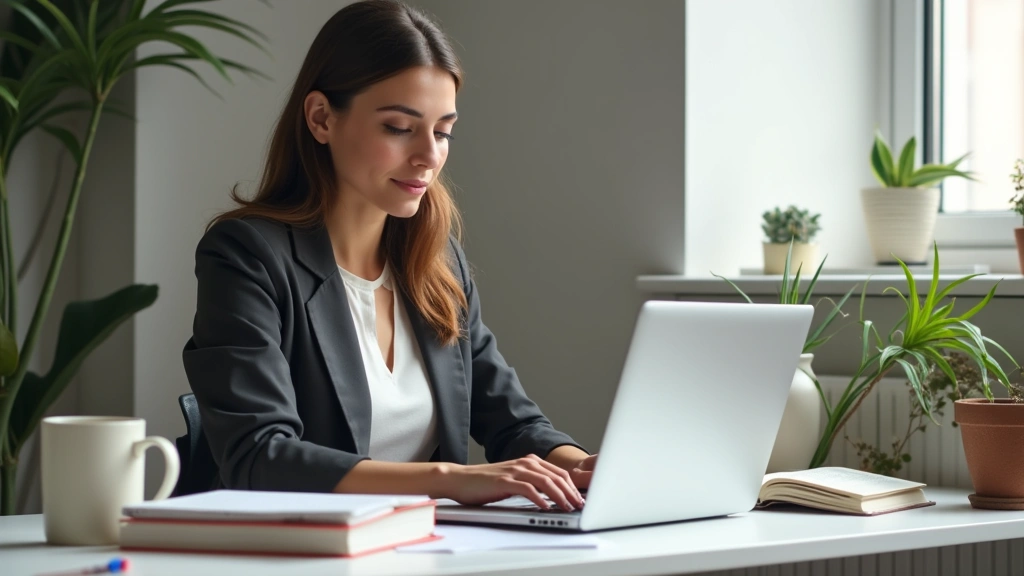 Professional woman working on laptop at home desk with education textbooks and coffee, natural window lighting, focused expression, modern home office environment