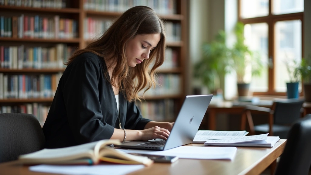 Graduate student researching at university library with dissertation papers and laptop, focused academic work, natural lighti
