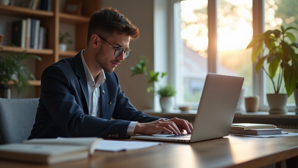 Professional law student studying on laptop in home office, focused on computer screen, natural lighting, modern workspace with law books visible, photorealistic
