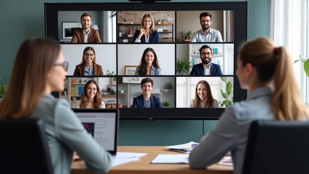 Diverse group of online law students in virtual classroom meeting via video conference, professional setting, multiple screen