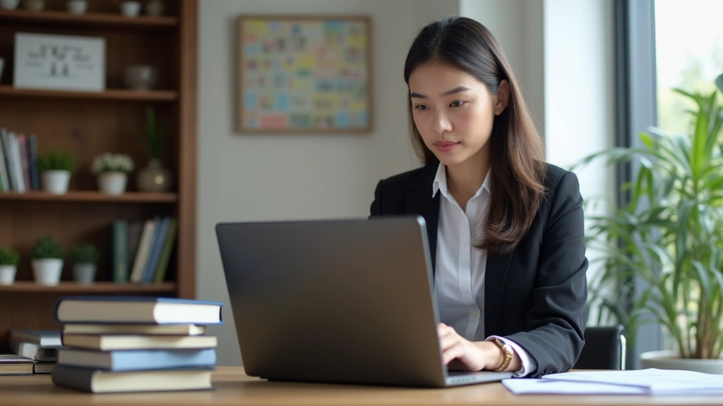 Professional woman in business attire participating in video conference on laptop with law books visible in background, modern home office setting, natural lighting