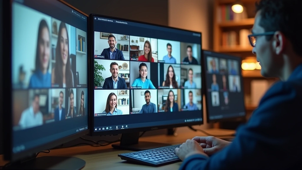 Diverse group of law students in virtual classroom on computer screens, multiple windows showing professional legal education