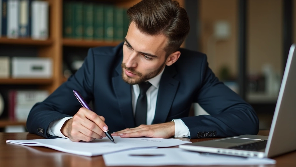Young professional attorney reviewing legal documents at desk with laptop and law books, focused work environment, profession