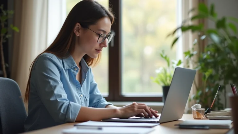 Professional law student studying on laptop at home office desk with law books, natural window lighting, focused expression, modern minimalist workspace